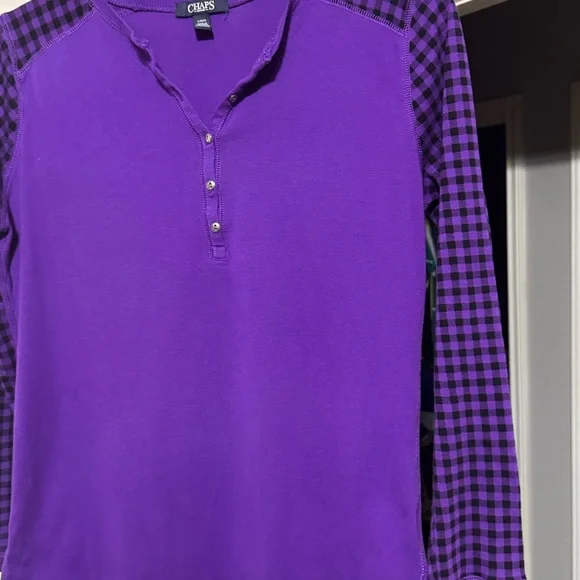Chaps Purple Checkered Long Sleeve Top - Picture 3 of 6